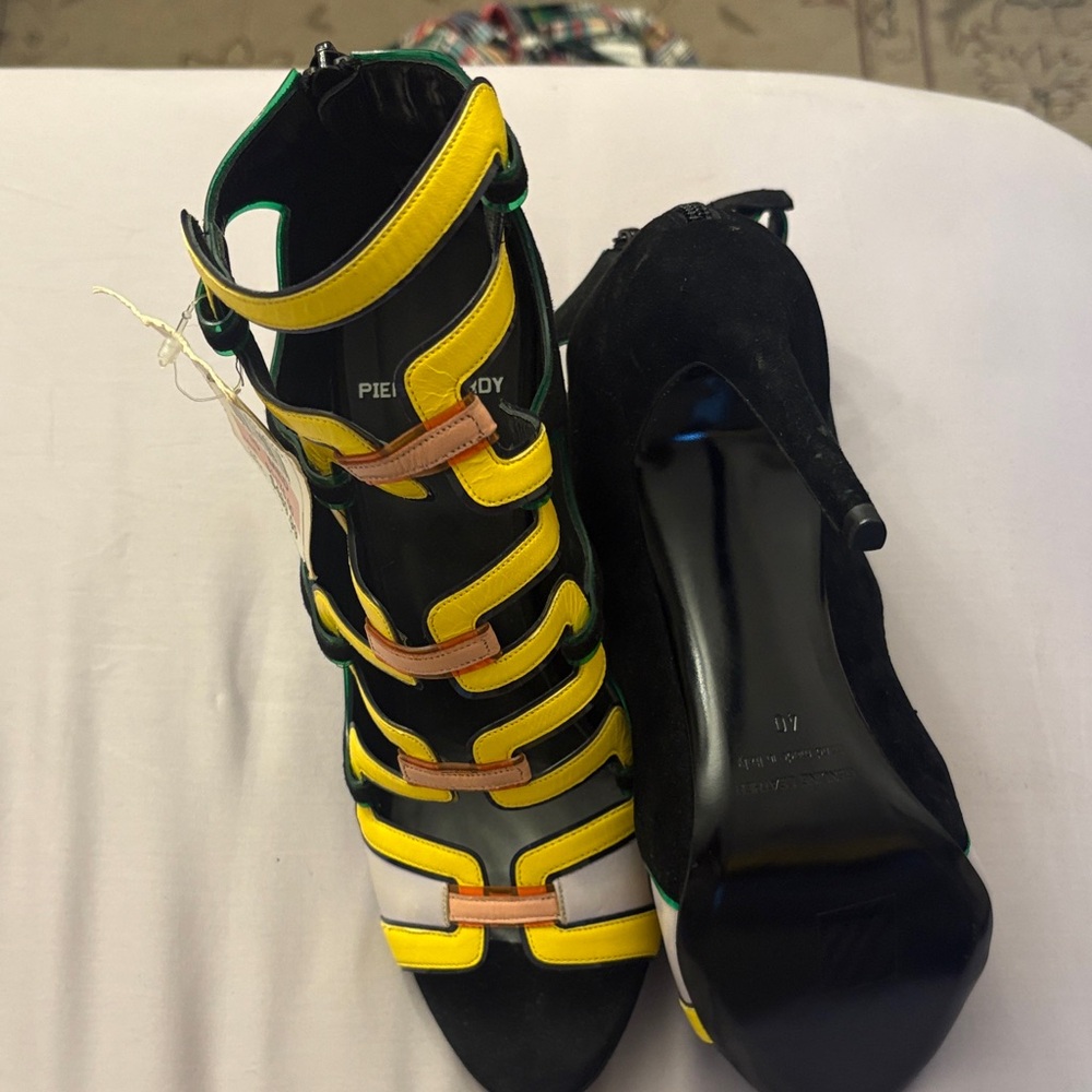Pierre Hardy Yellow, Black & Green Multi-Strap High Heel Sandals